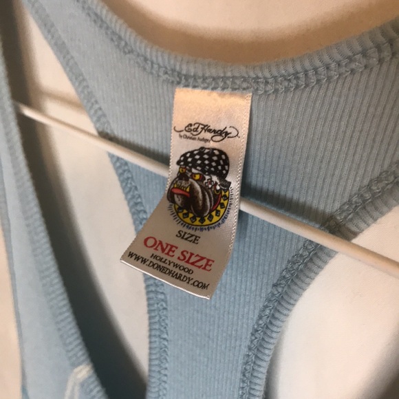 Ed Hardy by Christian Audigier women’s light blue tank top. Koi mermaid Sz OS - Picture 6 of 8